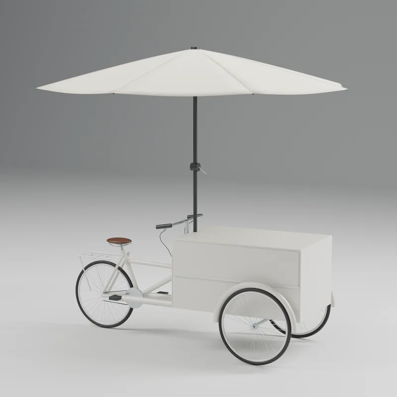 Cream bicycle kiosk with serving counter and umbrella, 3D render