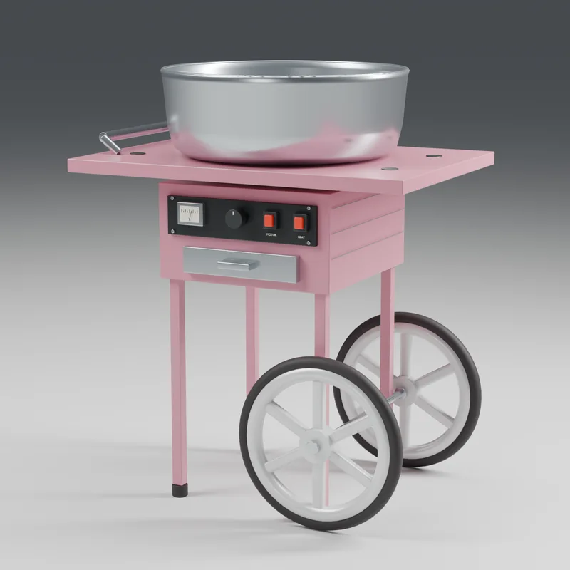 Pink candy-floss machine with a stainless-steel bowl and trolley, 3D render