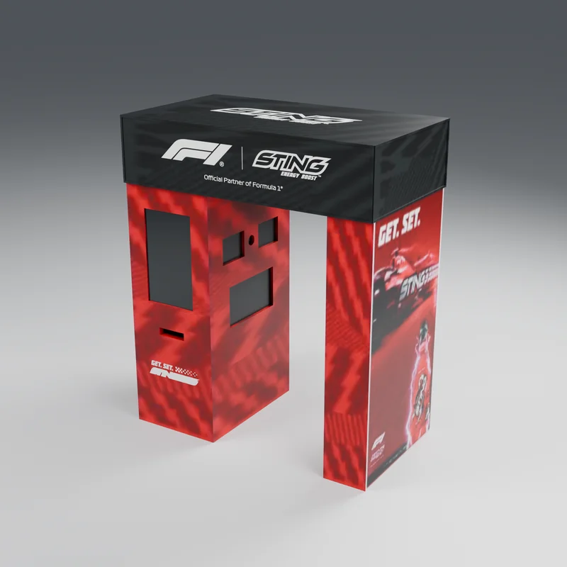 Sting-wrapped enclosed photobooth with touchscreen and print slot, 3D render