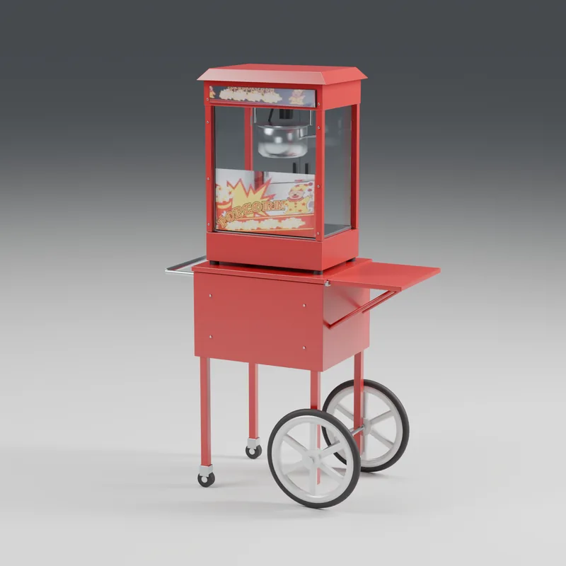 Red popcorn machine on a wheeled trolley, 3D render