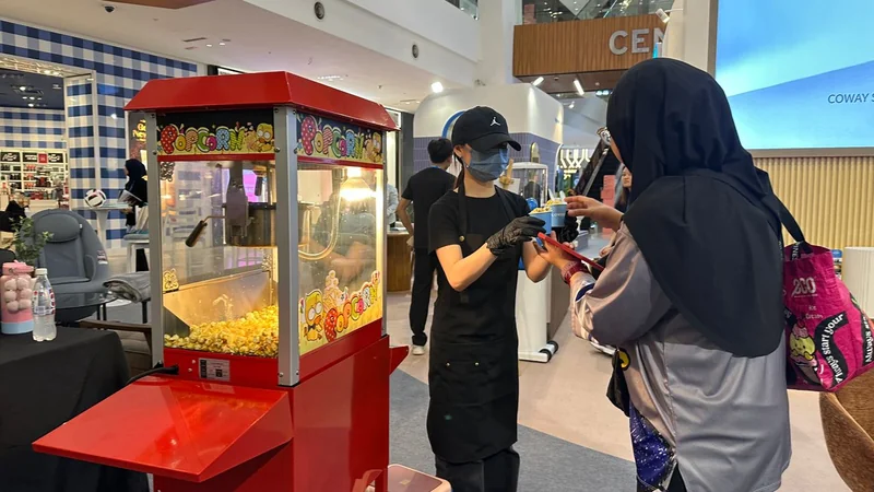 Event crew serving popcorn to guests beside the red popcorn trolley